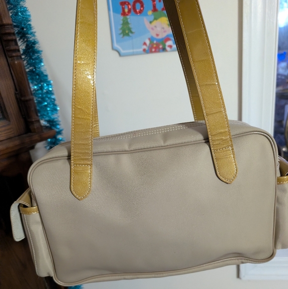 Longchamp Vintage Tan Canvas & Mustard Patent Leather Bowler Bag - Picture 5 of 10